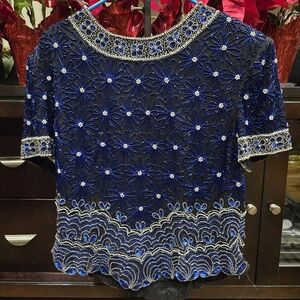 Papell Boutique Evening Womens Top XL Silk Blue Black Beaded Floral Short Sleeve